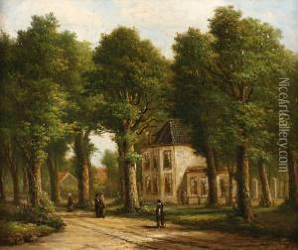 Landscape Withtrees And Some Peasants In A Lane Near A White House Oil Painting - Oene Romkes De Jongh