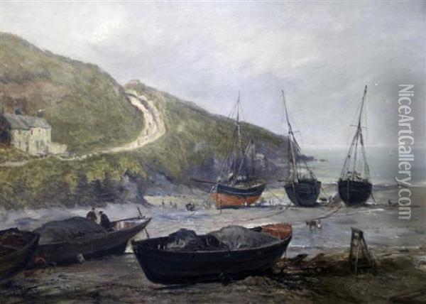 Beached Fishing Boats On The Isle Of Man Oil Painting - John Snr. Holland