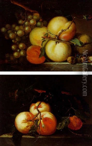 Nature Mortes Aux Fruits : Peches Et Raisins Blancs Oil Painting - Paul Theodor van Bruessel
