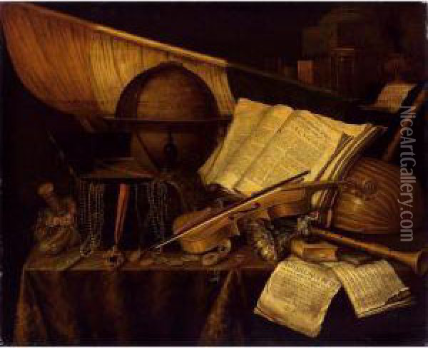 A Vanitas Still Life With Books
 And Leaflets, A Globe, A Princely Flag, A Musical Score, Musical 
Instruments, A Jewellery Box, An Hourglass, All On A Draped Table 
Together With A Silver Tazza, Coins, A Watch, And A Purse Oil Painting - Edwart Collier