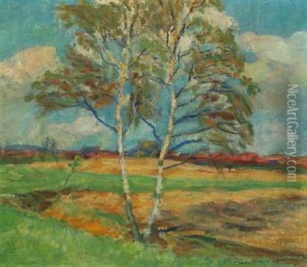 Landscape With A Birch, In The Background A Town Oil Painting - Erik Staehr-Nielsen