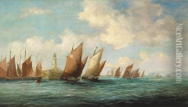 Fishing Boats Off St. Ives, Cornwall Oil Painting - John Brett
