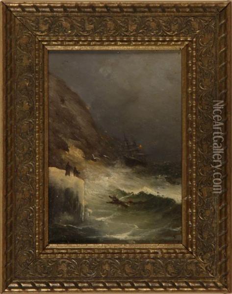 Shipwreck On A Rocky Coast. Oil Painting - Grigorij Kapustin