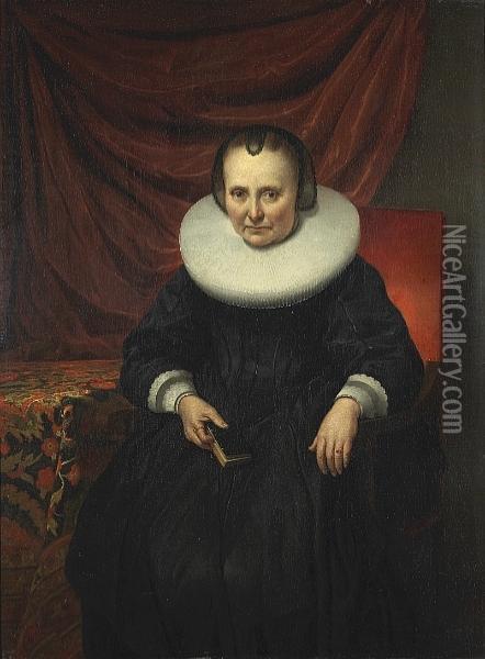 A Portrait Of A Lady, Seated, In A Black Dress And A White Lace Collar Holding A Book Oil Painting - Jan Anthonisz Van Ravesteyn
