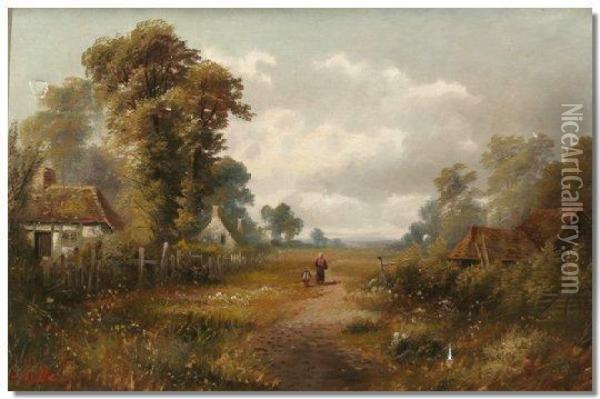 Rural Landscape Withfigures On A Path And Cottages To Each Side Oil Painting - J. Challar