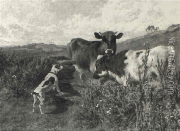 Landscape With Cattle And A Terrier Oil Painting - Charles Collins II