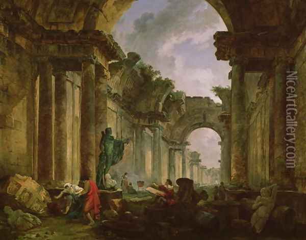 Imaginary View of the Grand Gallery of the Louvre in Ruins, 1796 Oil Painting - Hubert Robert