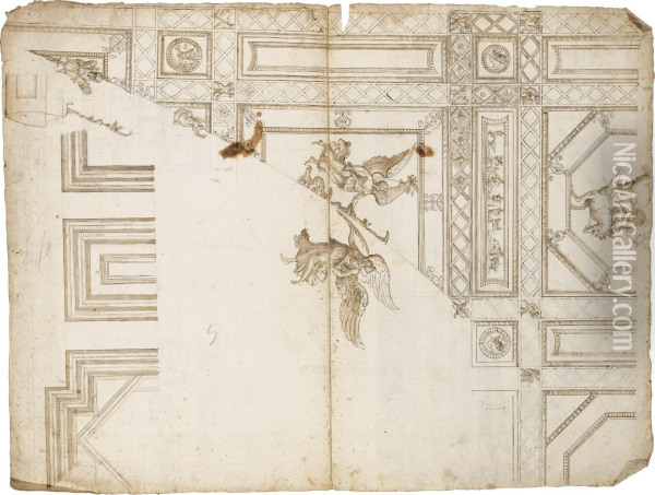 Designs For A Ceiling Decoration With Winged Figures Oil Painting - Perino del Vaga (Pietro Bonaccors)