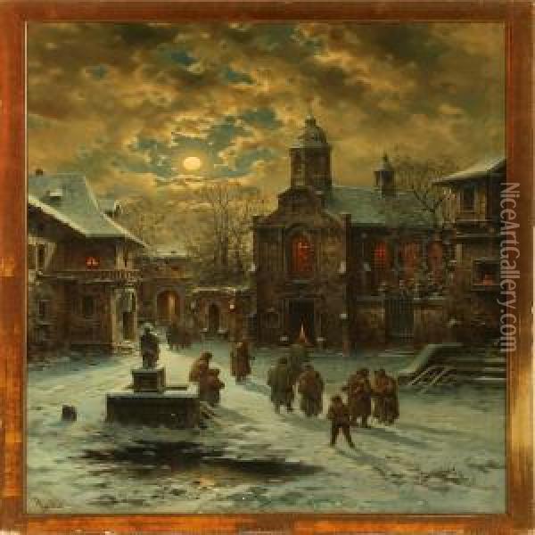 Winter In A City Withpeople On Their Way To Church Oil Painting - Leonhard Paulus