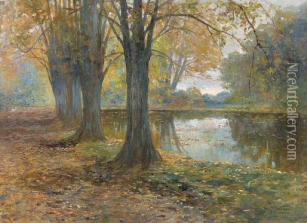 Herbstliche Partie An Einem Seeufer. Oil Painting - Gioachimo Galbusera