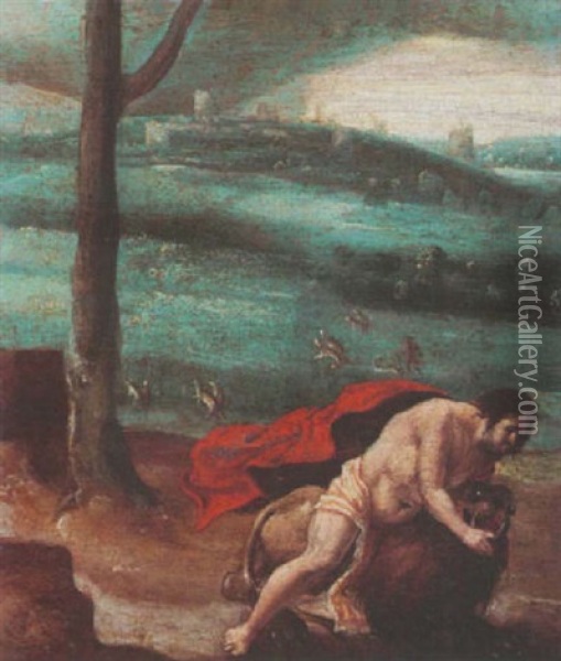 Daniel In The Lion's Den Oil Painting - Gillis Mostaert the Elder