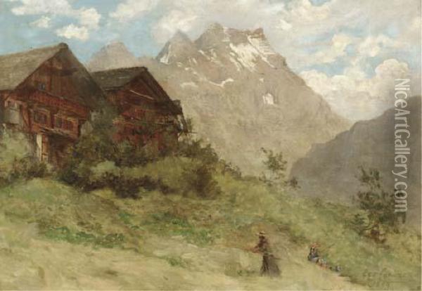 Chalets Near Diableret, Switzerland Oil Painting - George Carline