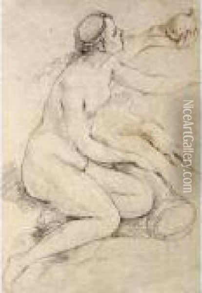 Study Of A Female Nude Leaning 
On A Cornucopia And Separate Studies Of Her Hands, One Holding An Apple Oil Painting - Charles Joseph Natoire