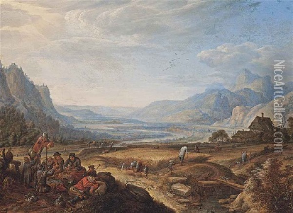 An Extensive Mountainous Landscape With Figures Resting In The Foreground, Others Harvesting, A River Valley Beyond Oil Painting - Herman Saftleven