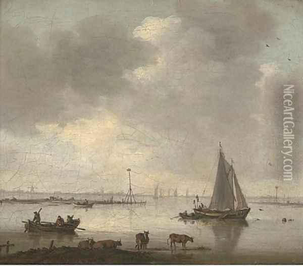 A river landscape with cattle and fishermen Oil Painting - Willem van Diest