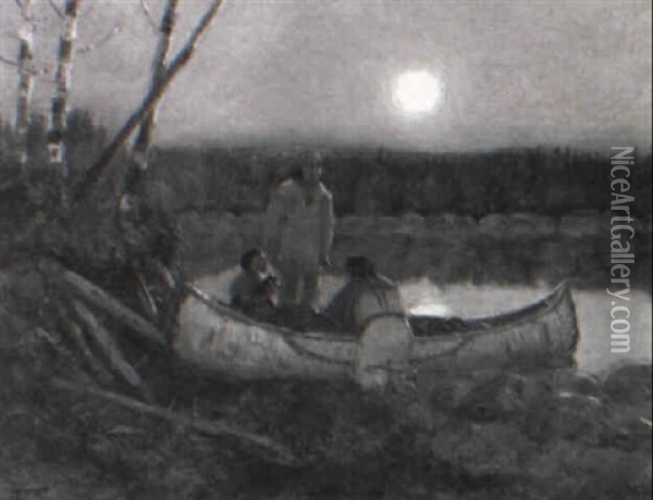 Moonlight Scene With Three Indians And A Canoe Oil Painting - Edwin Willard Deming