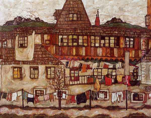 House With Drying Laundry Oil Painting - Egon Schiele