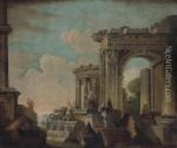 An Architectural Capriccio With Figures Conversing Amongstclassical Ruins Oil Painting - Giovanni Niccolo Servandoni