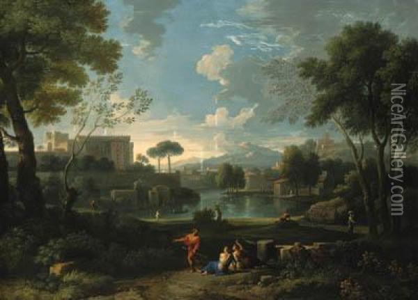 An Italianate Landscape With A 
Lakeside Town And A Fortified Palaceon A Hill, Figures Resting On A Path
 In The Foreground Oil Painting - Jan Frans Van Bloemen (Orizzonte)