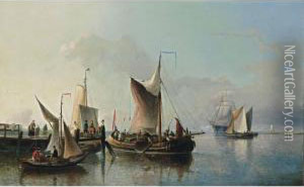 Fishing Boats Off A Jetty Oil Painting - Nicolaas Riegen