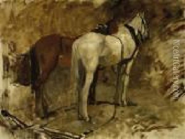 Paardstudie I: Working Horses At Rest - A Study Oil Painting - George Hendrik Breitner