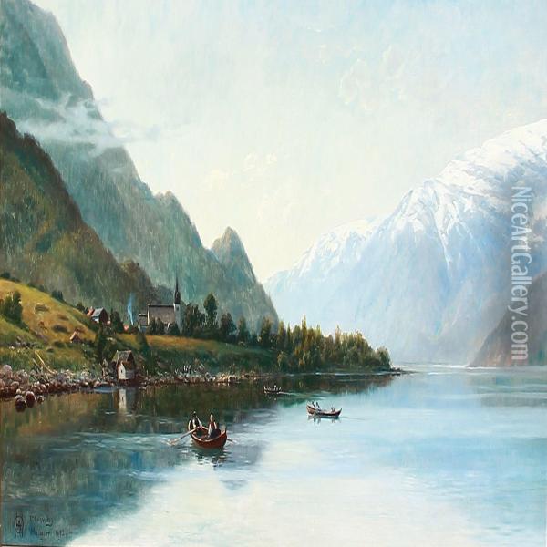 Rowing Boats On The Hardangerfjord In Norway With Snowy Mountains In The Background Oil Painting - Olaf August Hermansen