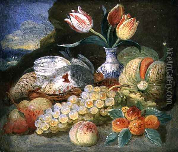Still Life with Fruit and Parrot Tulips in a Vase Oil Painting - Jan Thomasz. van Kessel