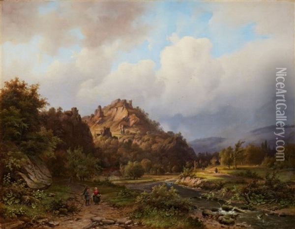 Weite Gebirgslandschaft Mit Fluss Und Staffagefiguren Oil Painting - Alexander Joseph Daiwaille