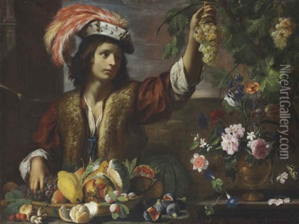 A Boy Holding A Bunch Of Grapes, With A Melon, Squash, Figs And Other Fruit And A Vase Of Tulips, Morning Glory And Other Flowers In A Walled Garden (with Workshop) Oil Painting - Giovanni Stanchi