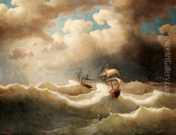 Marin Med Upprord Sjo Med Ett Segelfartyg Och En Angbat Oil Painting - Marcus Larsson
