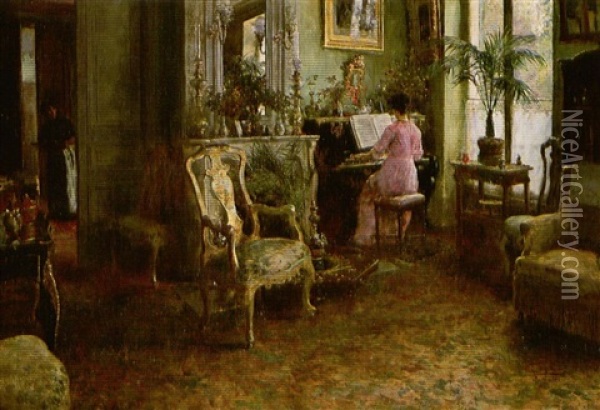 Playing The Piano Oil Painting - Luis Jimenez Y Aranda