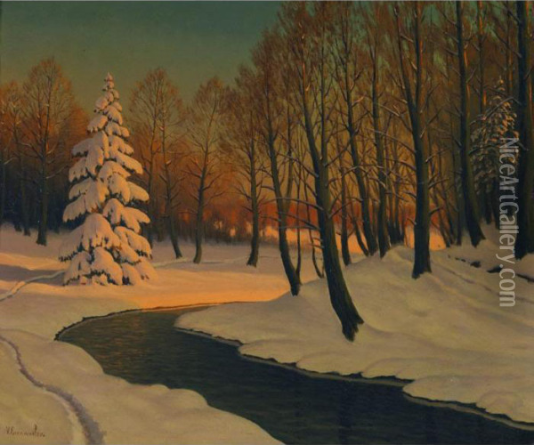 River Sunset, Winter Oil Painting - Victor Emanuelov