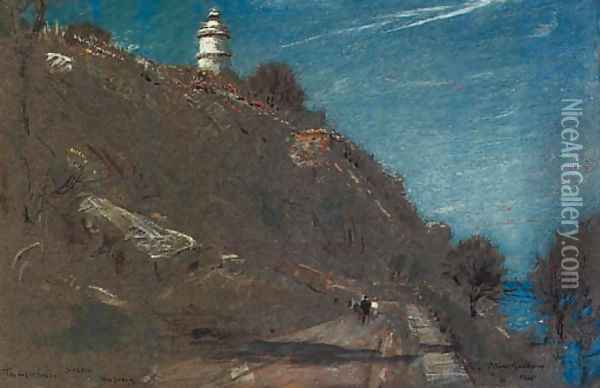 The lighthouse, Sollis, Majorca Oil Painting - Albert Goodwin