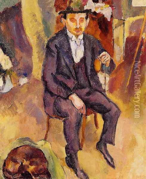 German Painter with Dog in the Studio Oil Painting - Jules Pascin
