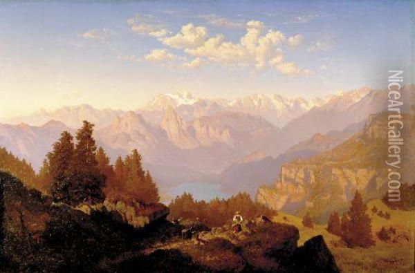 Shepherd In Expansive Landscape Oil Painting - Maximilian Haushofer