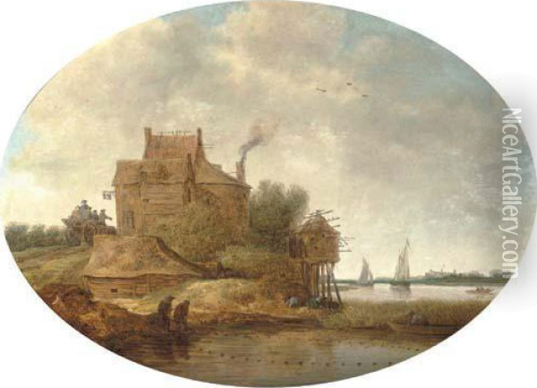 A River Landscape With Peasants Fishing Near An Inn Oil Painting - Jan Coelenbier