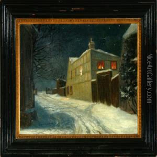 Winter Night On The Outskirts Of The Town Oil Painting - Viggo Rasmus Simesen