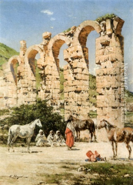 La Halte Des Chevaux Devant Les Ruines De L'aqueduc De L'oued Bella, Cherchell, Algerie Oil Painting - Victor Pierre Huguet
