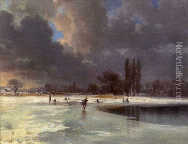 Spazierganger Am Winterlichen Seeufer Oil Painting - Carl Fuchs