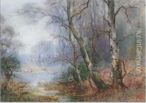 Woodland Clearing With Woman Gathering Firewood Beside A Pond Oil Painting - Thomas Tayler Ireland