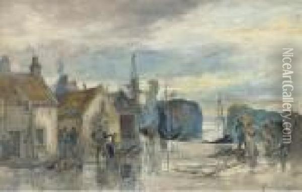 Fishermen Gossiping On The Quayside; And Fishing Boats In Harbour Oil Painting - Alexander Ballingall