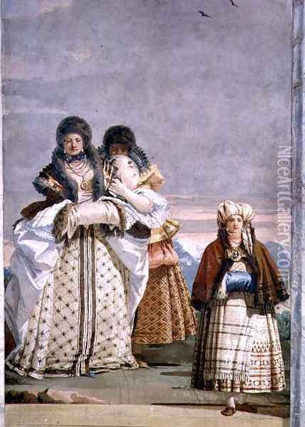 A Winter Stroll, from the Foresteria Guesthouse 1757 Oil Painting - Giovanni Domenico Tiepolo
