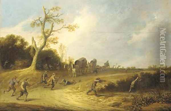 A dune landscape with bandits ambushing travellers in wagons Oil Painting - Pieter de Bloot