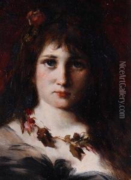 Portrait Of Girl Wearing A Floral Garland Oil Painting - Hermann August Philips