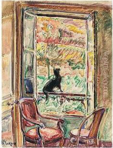 Black Cat On The Window Rail Oil Painting - Nikolai Aleksandrovich Tarkhov