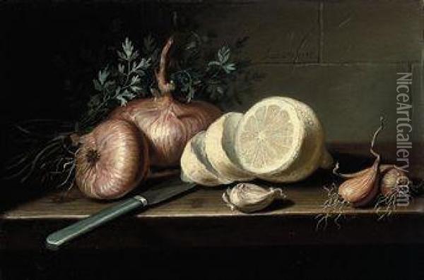 A Partly-pealed Lemon, A Clove Of Garlic, Onions, And A Knife On Atable Oil Painting - Pierre Labatie
