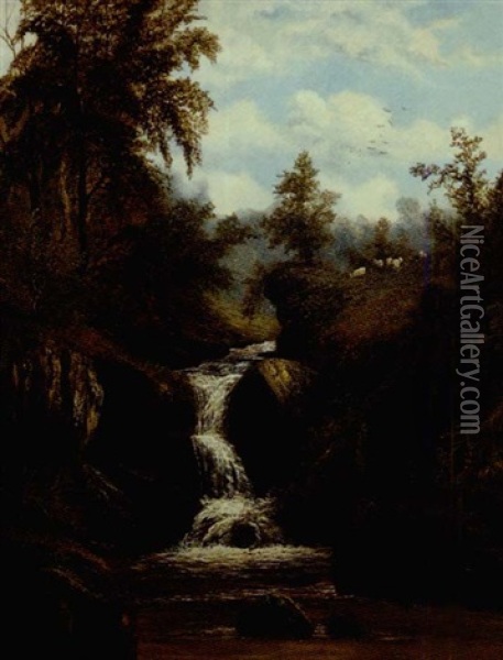 Wooded Landscape With Waterfall Oil Painting - William Mellor