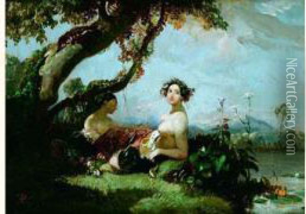Deux Femmes Au Panier De Fleurs Oil Painting - Eugene Lepoittevin