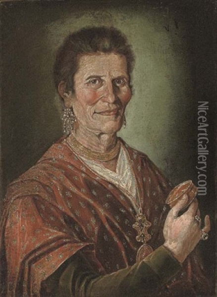 Portrait Of A Lady In A Red Shawl, An Enamelled Box In Her Right Hand (+ Portrait Of A Man In A Blue Coat, A Ring In His Left Hand; Pair) Oil Painting - Giacomo Ceruti