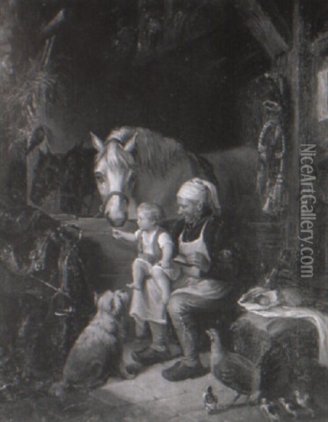 Feeding The Horses Oil Painting - Johann Georg Meyer von Bremen